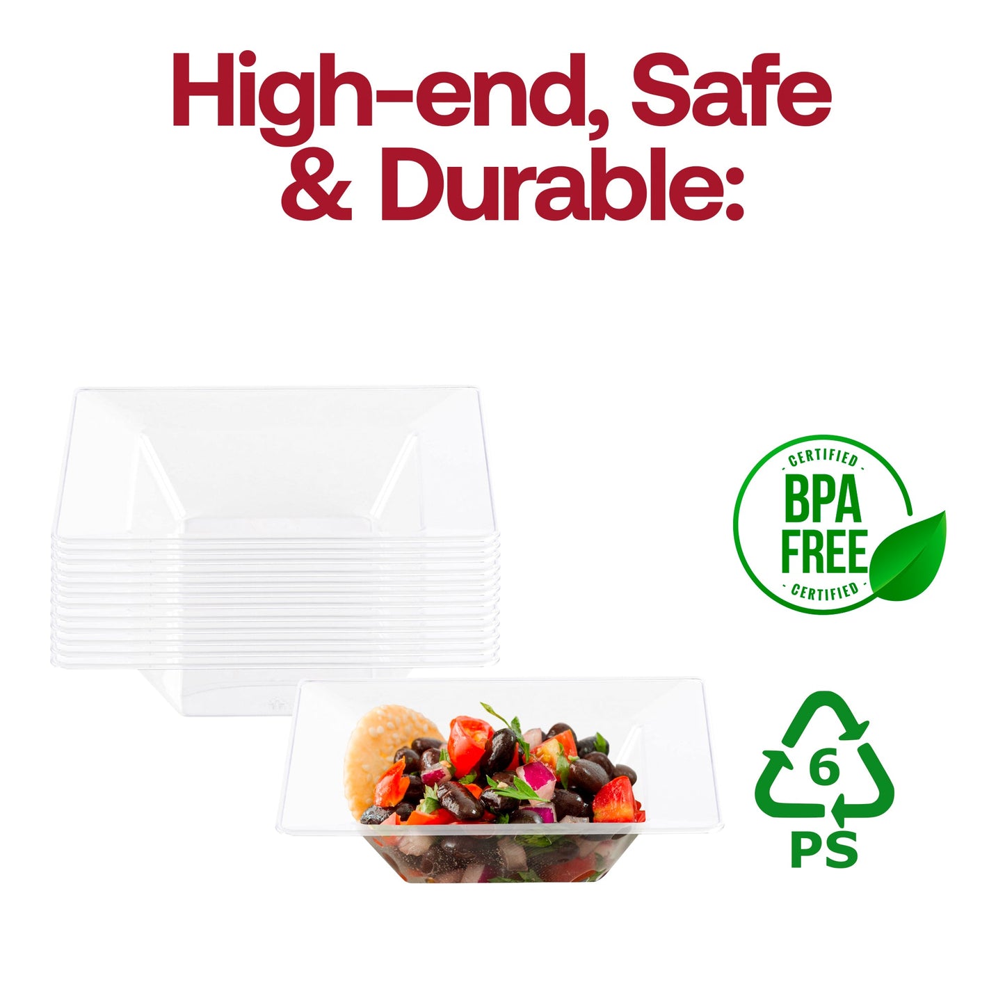 Durable 5 oz clear square plastic dessert bowls, elegant and practical, BPA-free