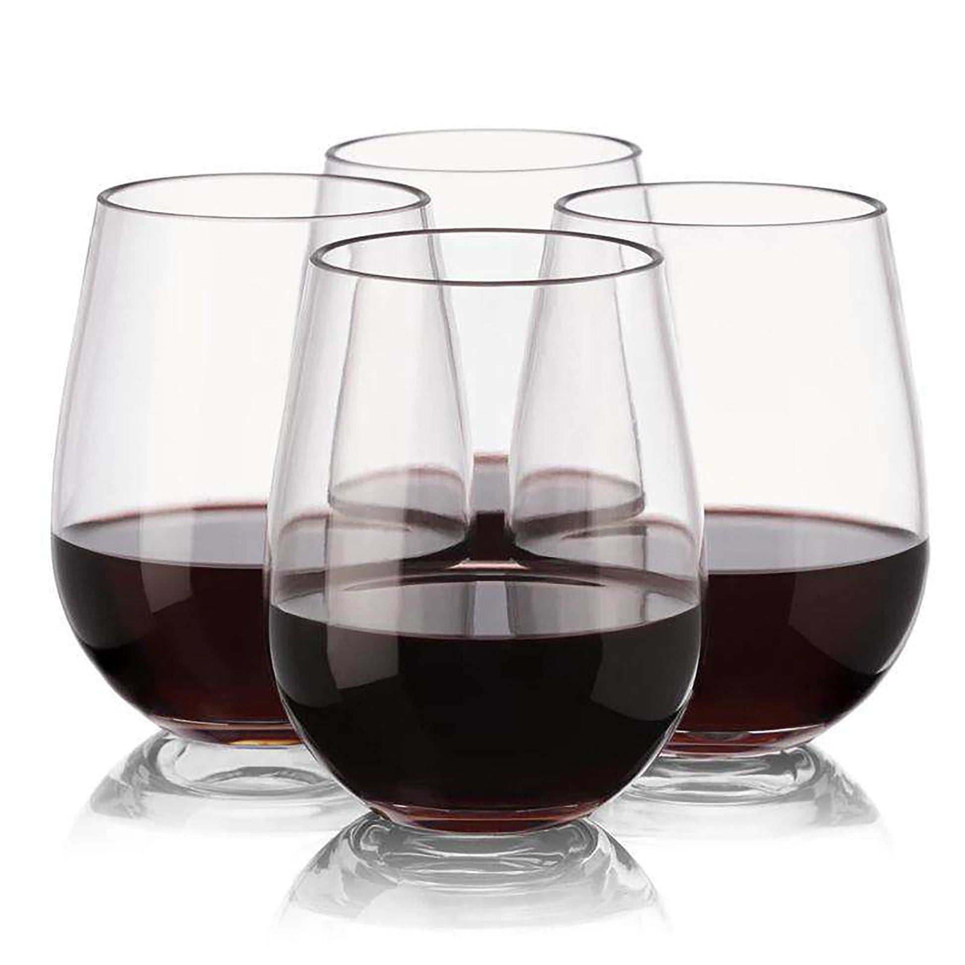 Durable and chic 12 oz clear stemless plastic wine glasses, great for serving wine, champagne, or cocktails at any event