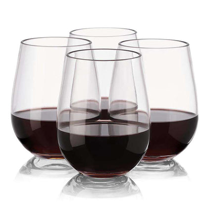 Durable and chic 12 oz clear stemless plastic wine glasses, great for serving wine, champagne, or cocktails at any event