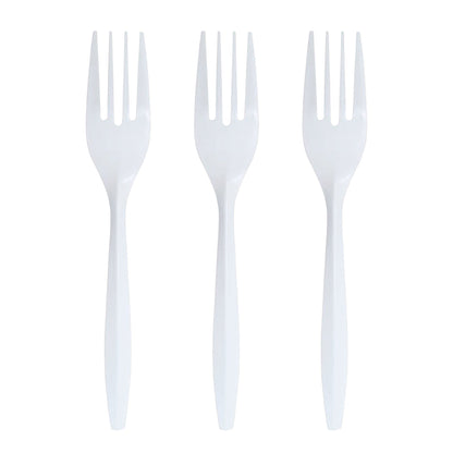 Durable and disposable, these white medium-weight forks are perfect for both casual meals and professional service