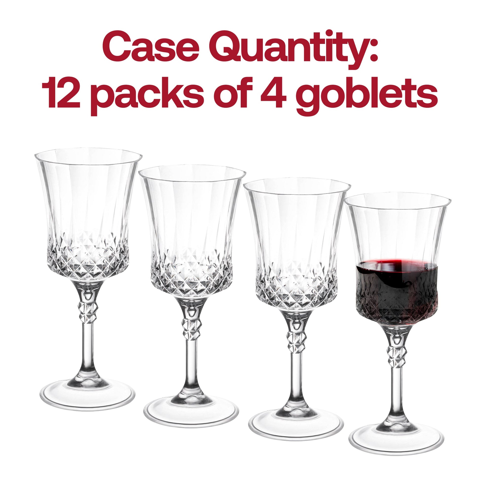 Durable crystal cut plastic wine goblets with an 11 oz capacity, offering a glass-like look with disposable convenience, pack of 48