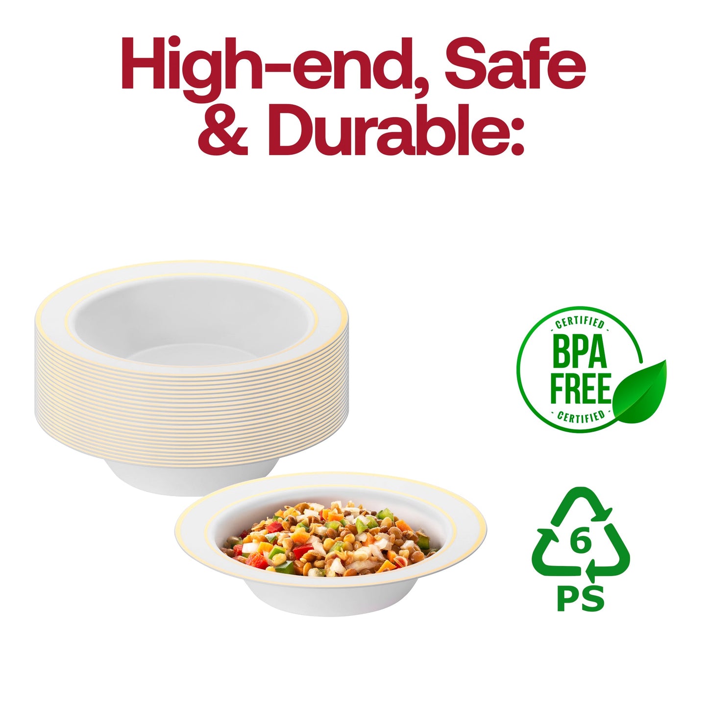 Durable disposable dessert bowls, 5 oz white plastic with a sophisticated gold edge rim, BPA-free