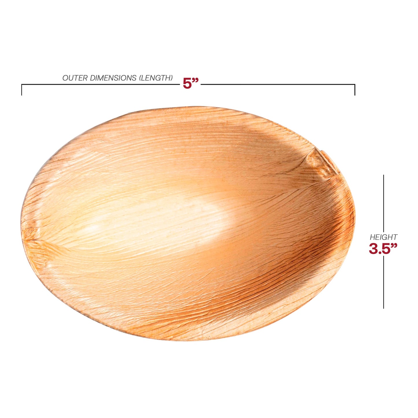 Each Oval Palm Leaf Eco Friendly Bowl measures 5” long and 3.5” tall with a compact 3.5 oz. capacity for small bites