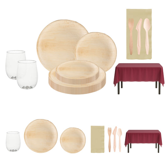 Eco-friendly palm leaf plates and birch cutlery define The Mashed Potatoes Set for rustic celebrations.