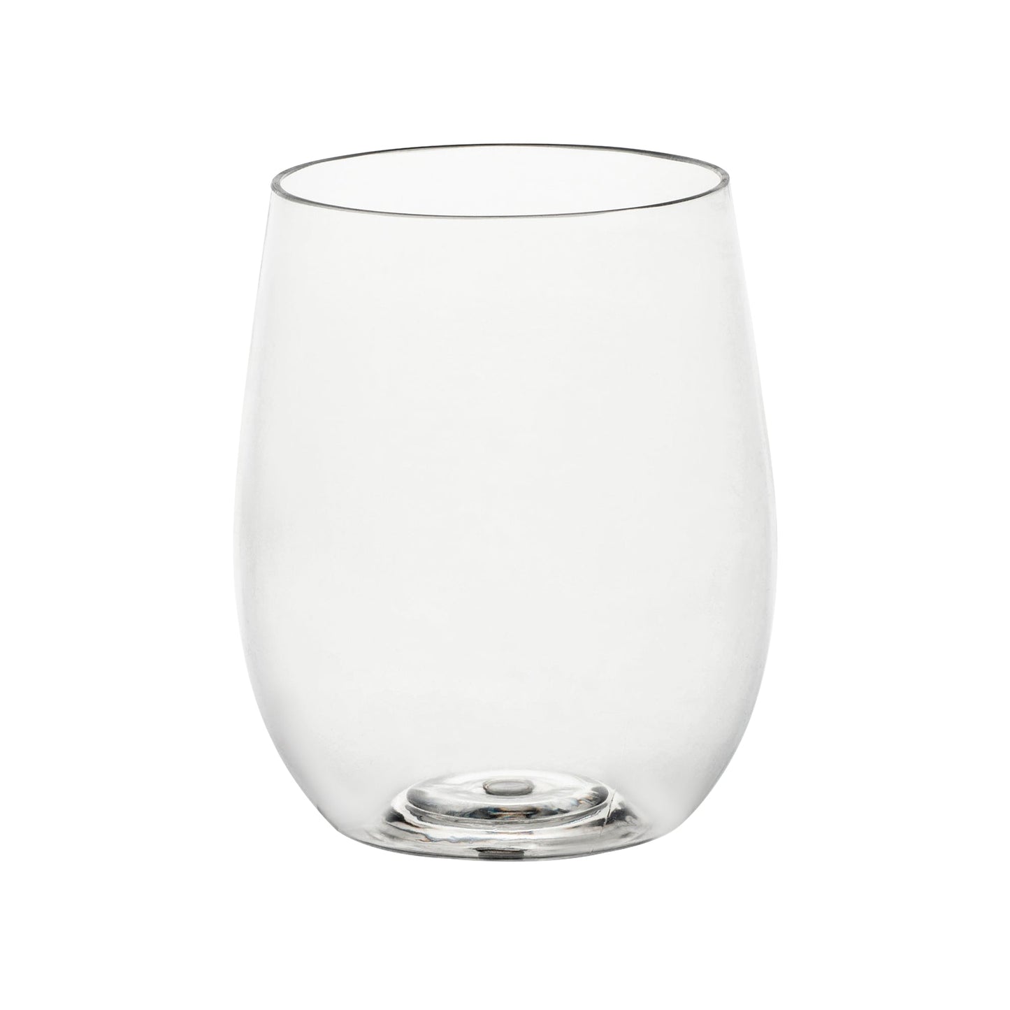 Elegant 12 oz clear plastic stemless wine glasses, combining sophistication and convenience for weddings, dinners, and special occasions