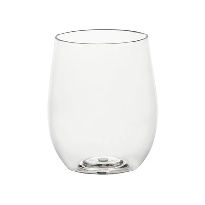 Elegant 12 oz clear plastic stemless wine glasses, combining sophistication and convenience for weddings, dinners, and special occasions