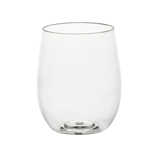Elegant 12 oz clear plastic stemless wine glasses, combining sophistication and convenience for weddings, dinners, and special occasions
