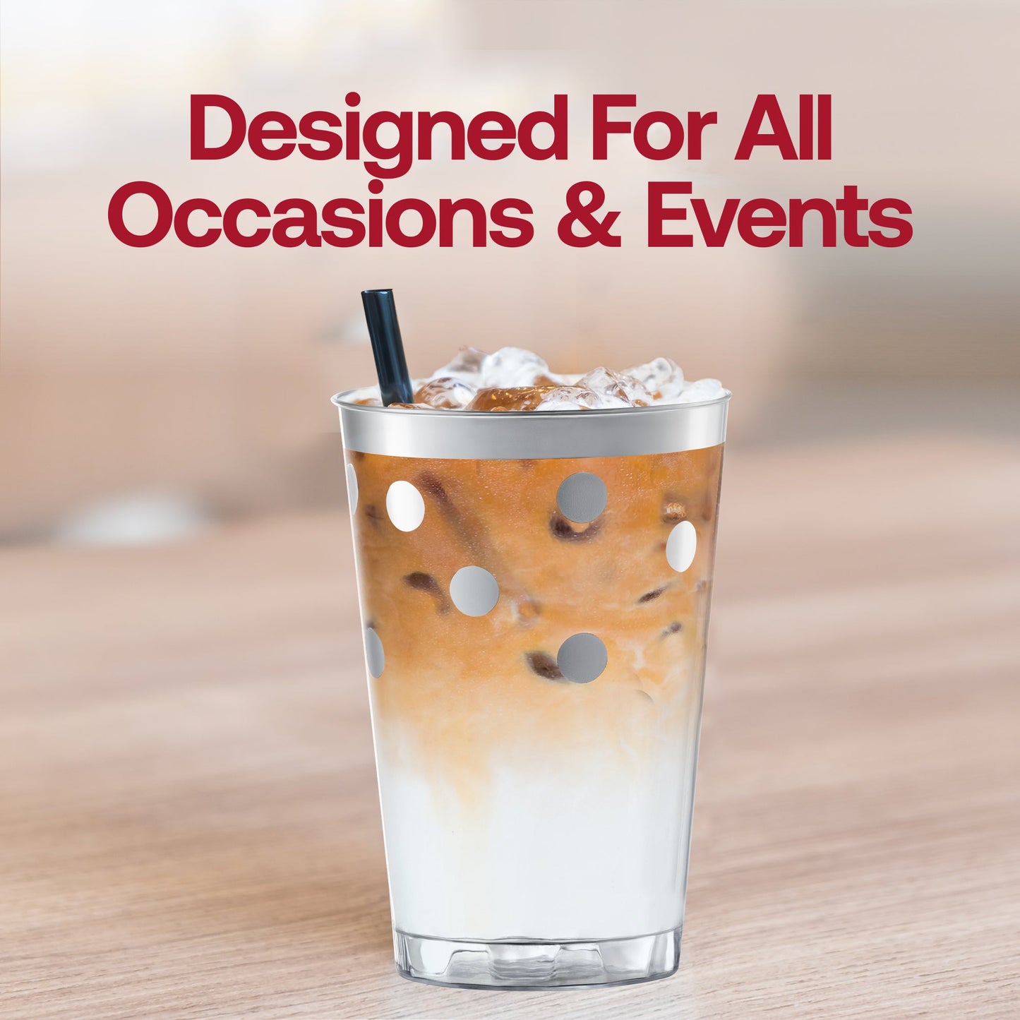 Elegant 12 oz clear plastic tumblers with silver dots, perfect for weddings, anniversaries, and upscale celebrations
