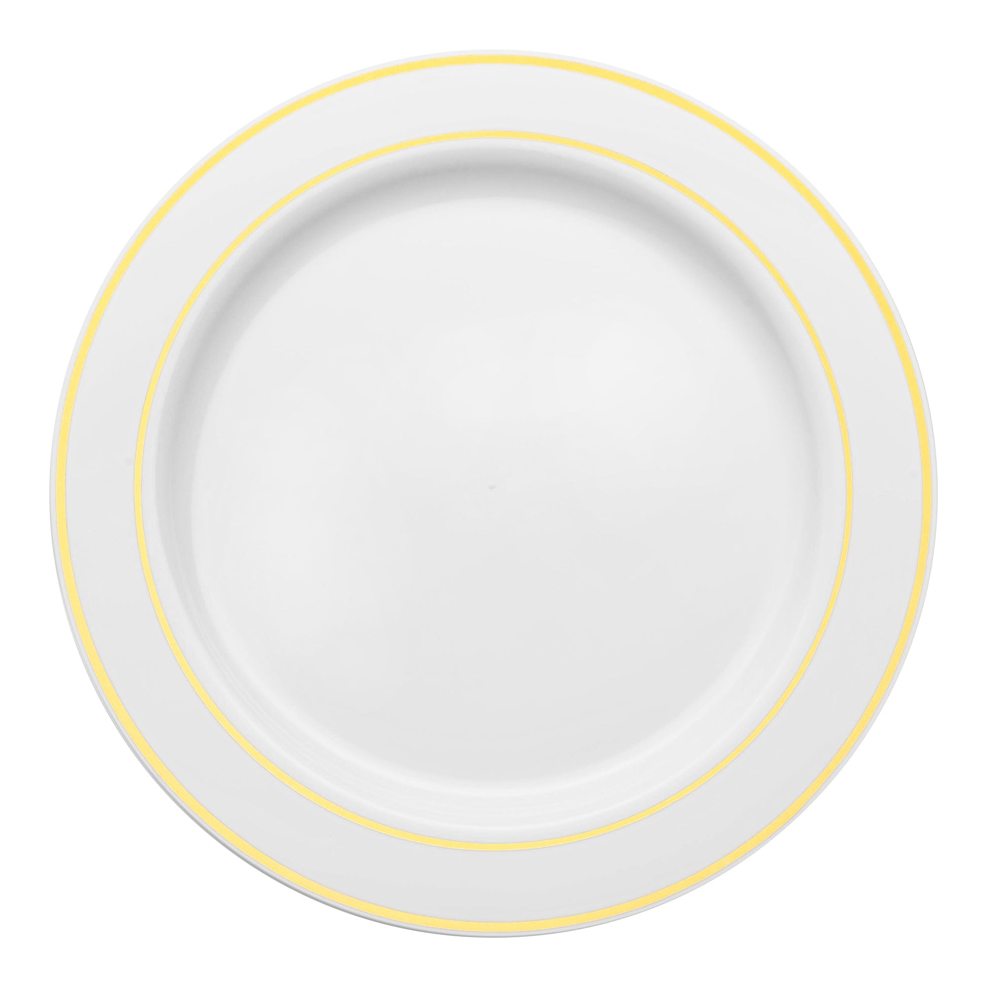 Elegant 7.5-inch round appetizer plates, white with gold rim, sturdy plastic