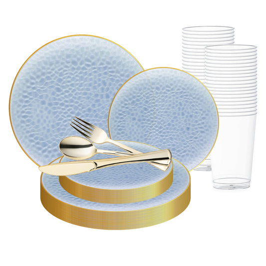 Elegant Clear Blue Hammered Glass Wedding Set with gold cutlery offers refined style for upscale events