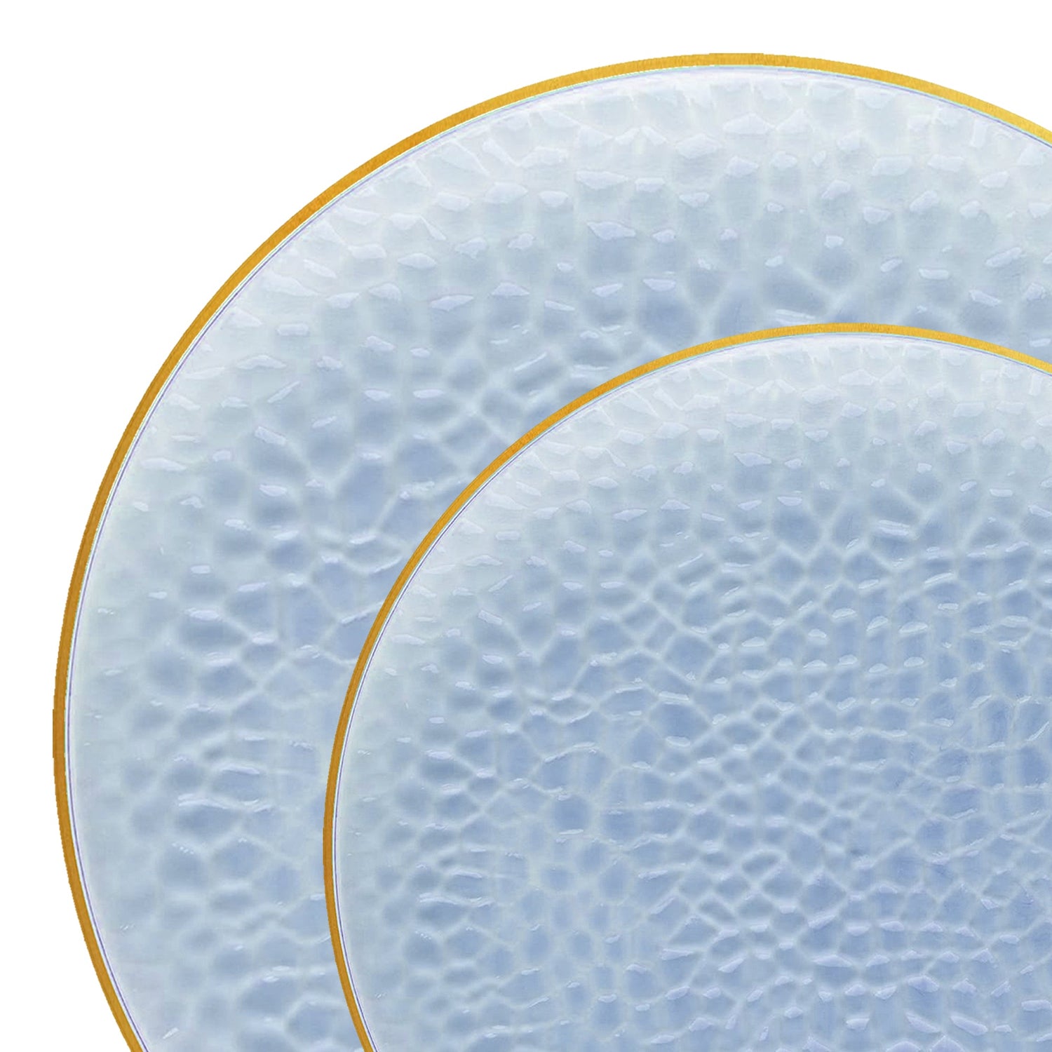 Elegant Clear Blue with Gold Rim Hammered Glass Dinnerware Set ideal for weddings, parties, and upscale occasions