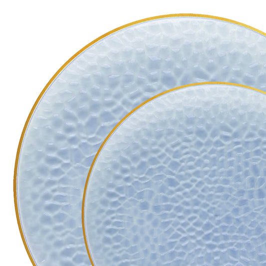 Elegant Clear Blue with Gold Rim Hammered Glass Dinnerware Set ideal for weddings, parties, and upscale occasions