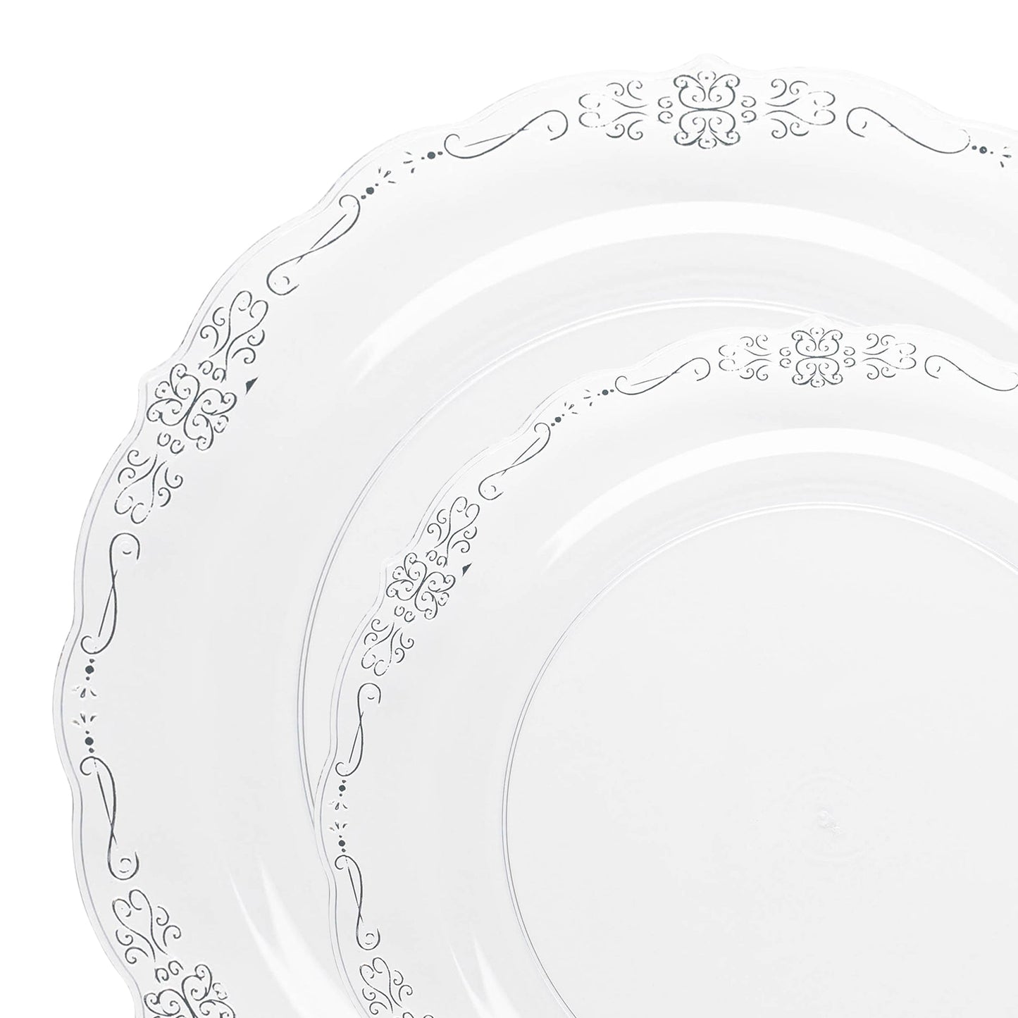Elegant Clear with Silver Vintage Rim Round Disposable Plastic Dinnerware Set, perfect for upscale events