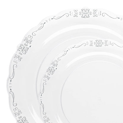 Elegant Clear with Silver Vintage Rim Round Disposable Plastic Dinnerware Set, perfect for upscale events