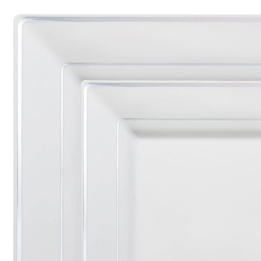 Elegant White with Silver Square Edge Rim Disposable Plastic Dinnerware Set, designed to elevate your table setting