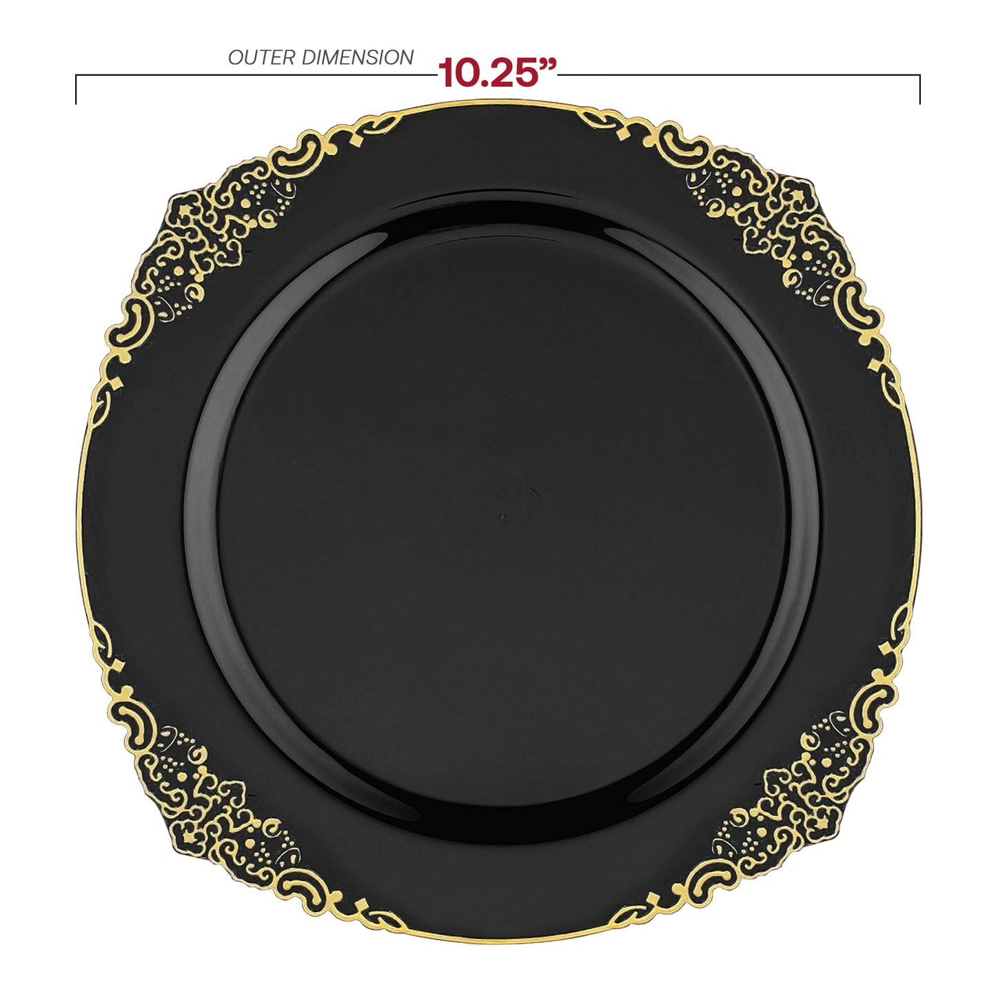 Elegant and BPA-free, the Black with Gold Fancy Round Set is made from recyclable plastic for safe use