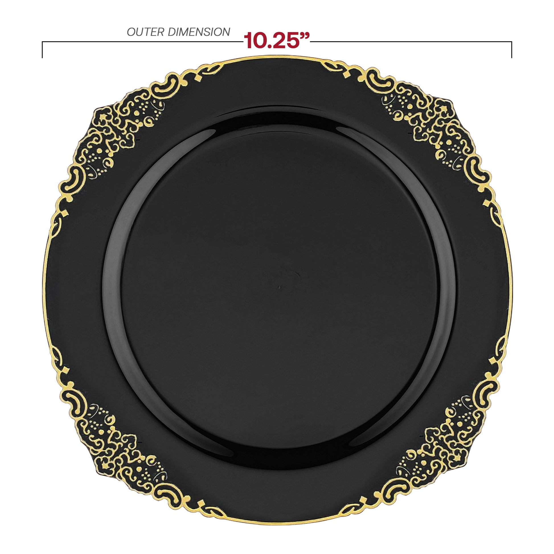 Elegant and BPA-free, the Black with Gold Fancy Round Set is made from recyclable plastic for safe use
