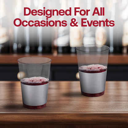 Elegant clear plastic tumblers with a modern metallic silver thick bottom, 12 oz size, round shape, and disposable for easy cleanup