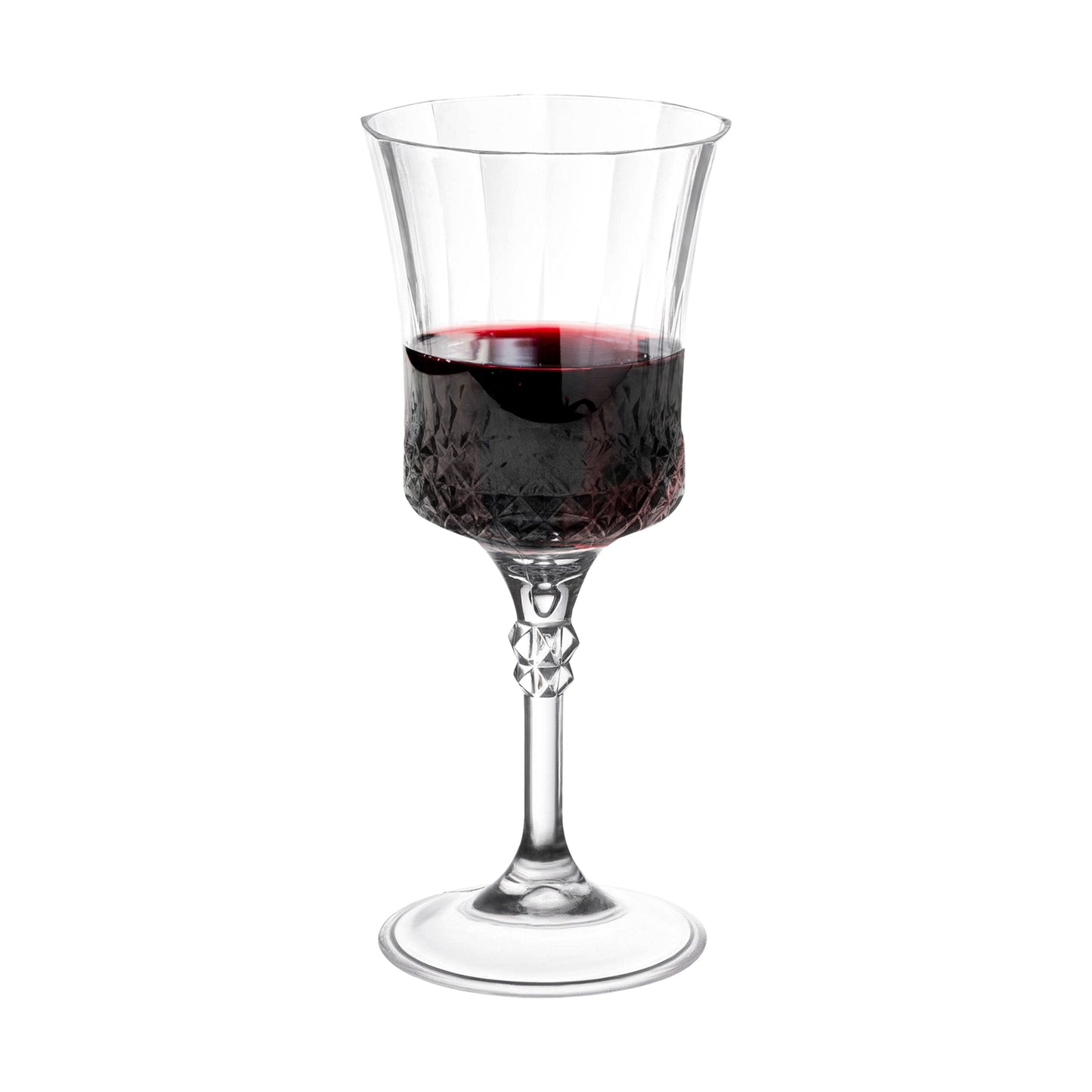 Elegant crystal cut plastic wine goblets with a sleek 11 oz capacity design, perfect for formal events, in a pack of 48
