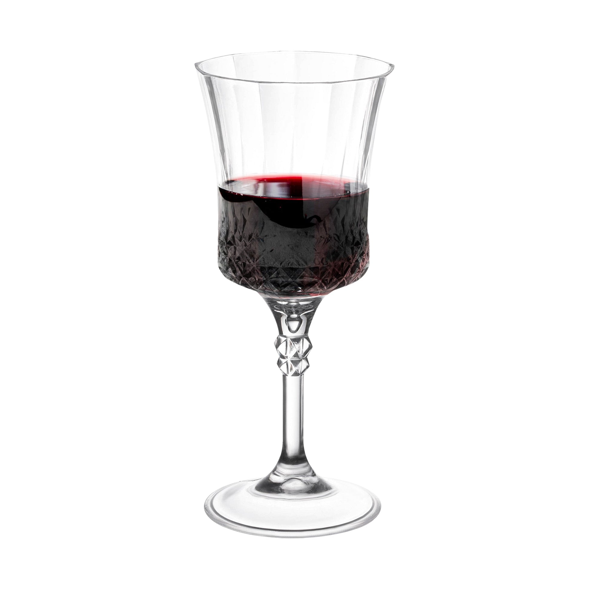 Elegant crystal cut plastic wine goblets with a sleek 11 oz capacity design, perfect for formal events, in a pack of 48