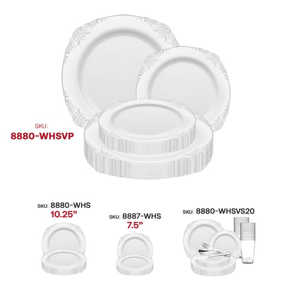 Elegant dining table set with White with Silver Fancy Round Plates, showcasing sophisticated presentation