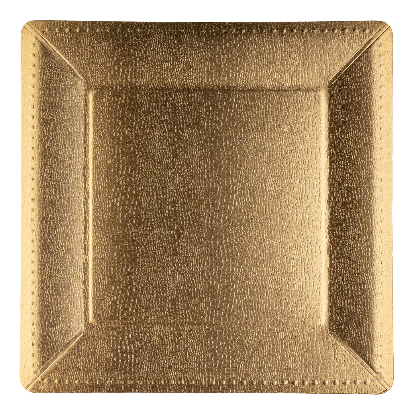 Elegant gold disposable charger plates featuring square edges and a beaded design
