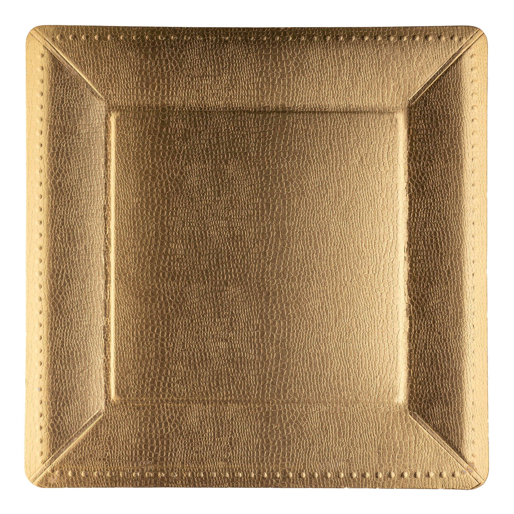 Elegant gold disposable charger plates featuring square edges and a beaded design