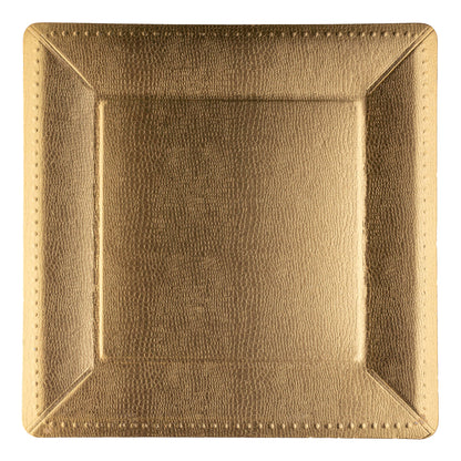 Elegant gold disposable charger plates featuring square edges and a beaded design