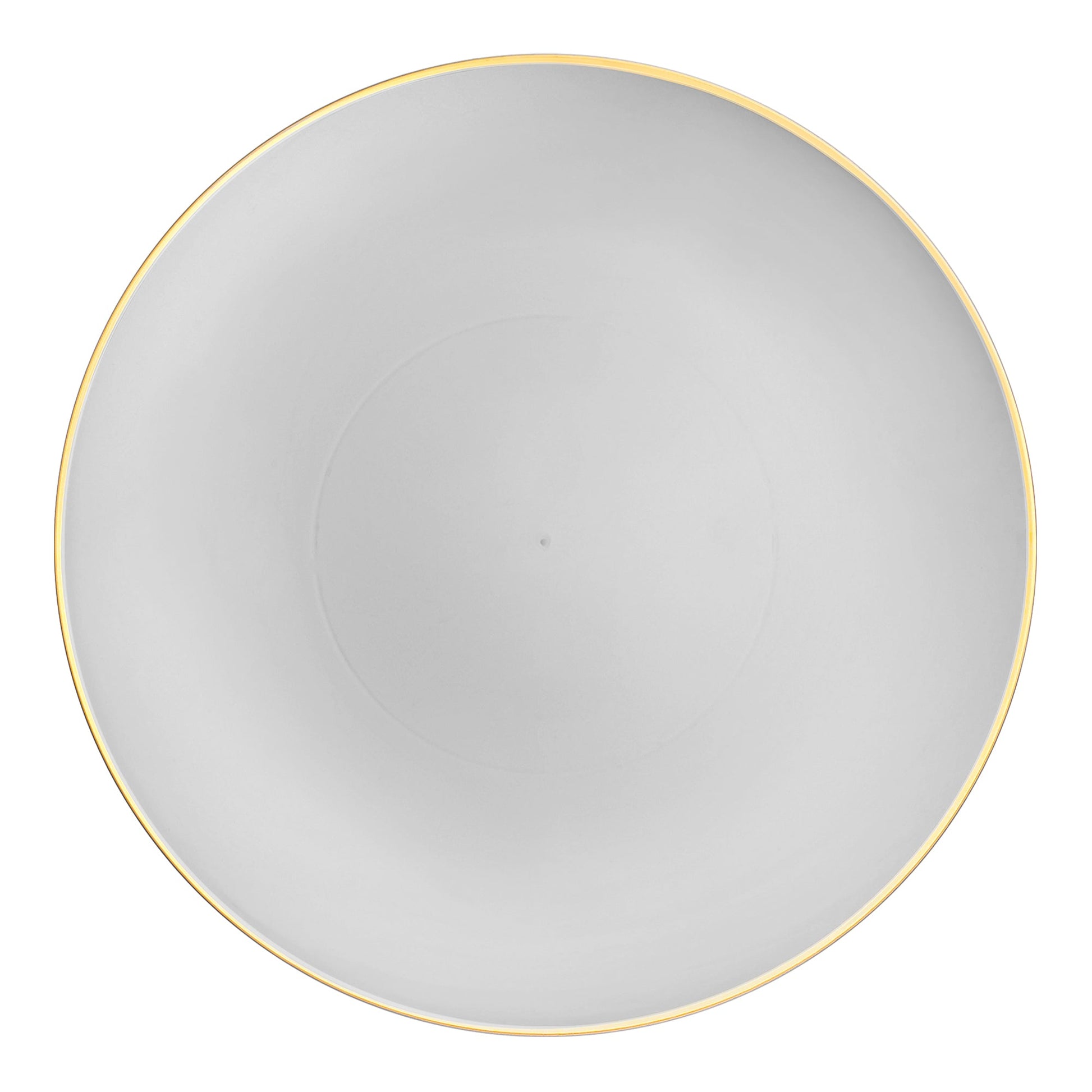 Elegant gray plastic plates featuring a gold rim and organic round shape, ideal for appetizers or salads, 7.5-inch diameter, 120-pack