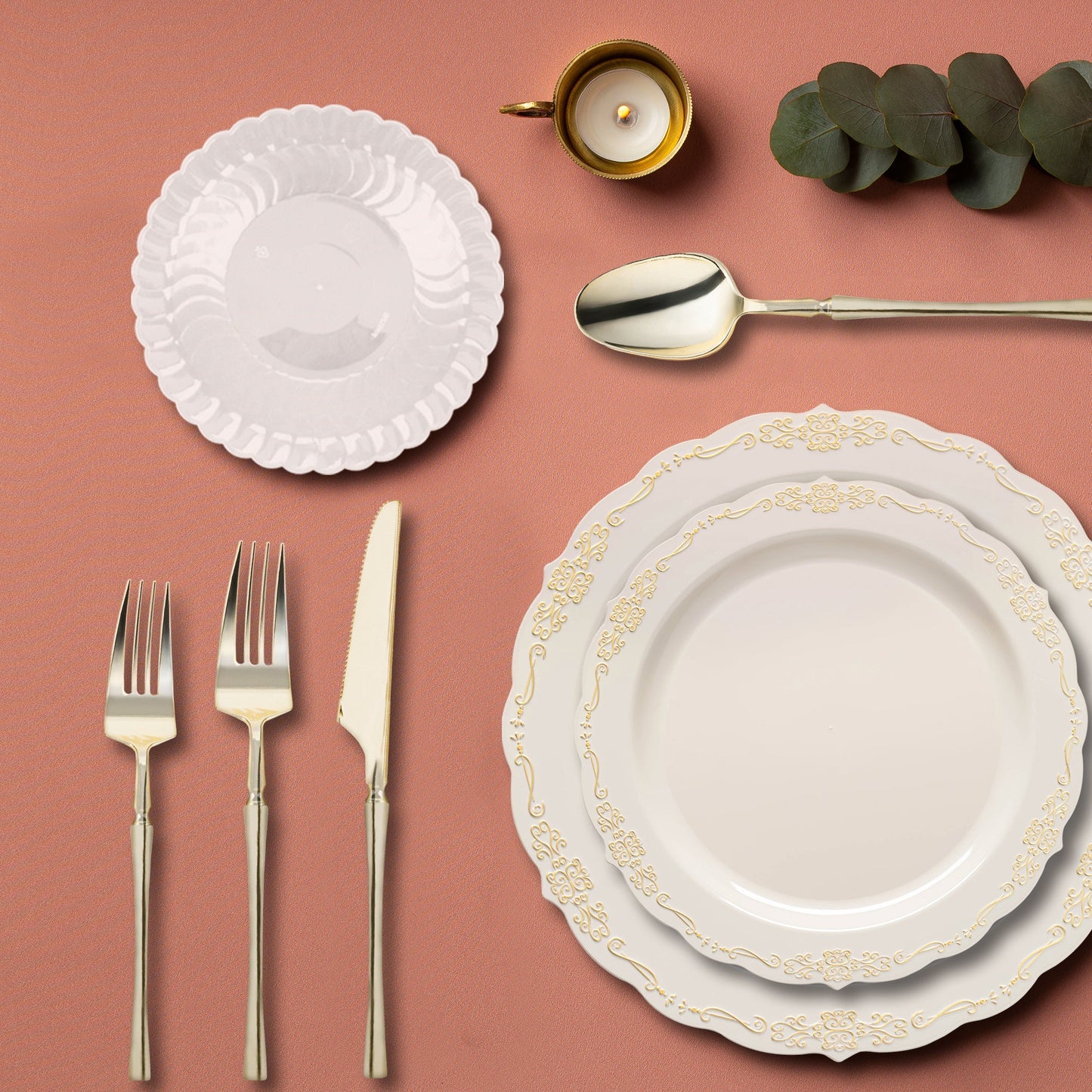 Elegant ivory plates with gold rims styled for a vintage-inspired wedding.