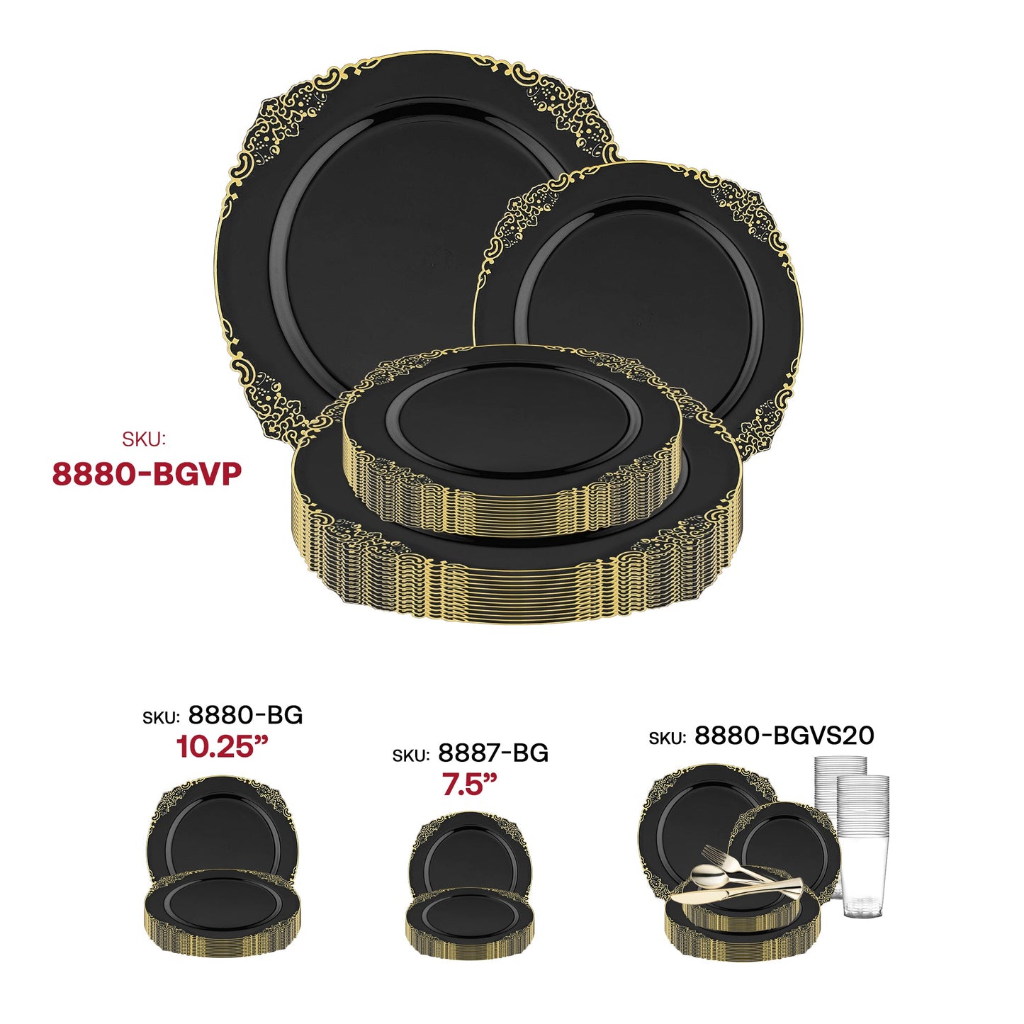 Elegant party table showcasing the Black with Gold Fancy Dinnerware Set with floral centerpieces and fine settings