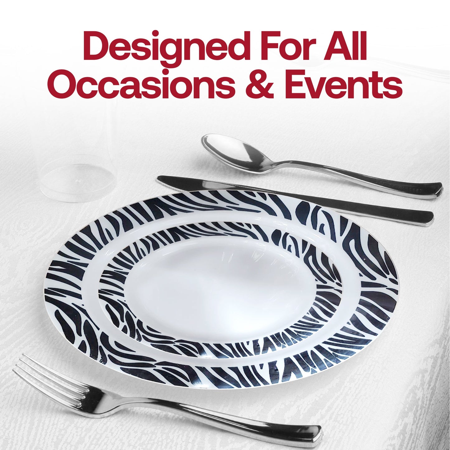 Elegant round disposable salad plates with a black and white zebra design, 7.5-inch diameter, sold as a 120-pack