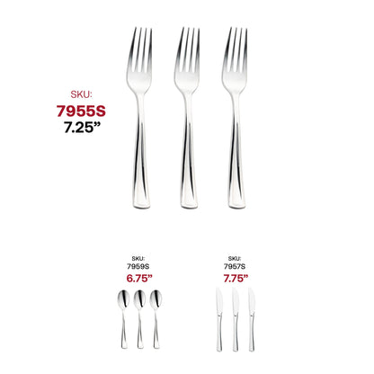 Elegant silver plastic forks, 7.25 inches, pack of 600, featuring a sleek metallic finish for upscale dining