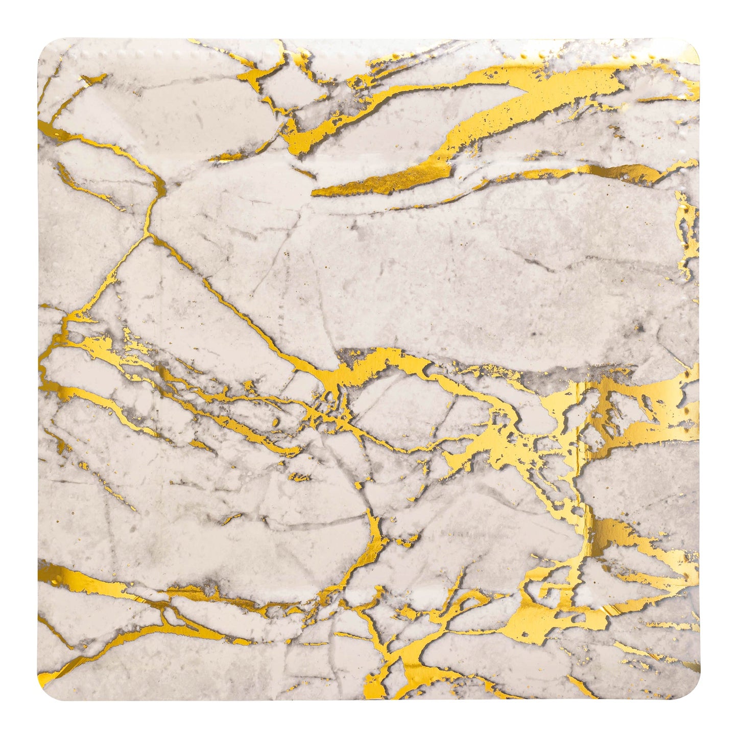 Elegant white disposable charger plates featuring a gold marble pattern, square shape