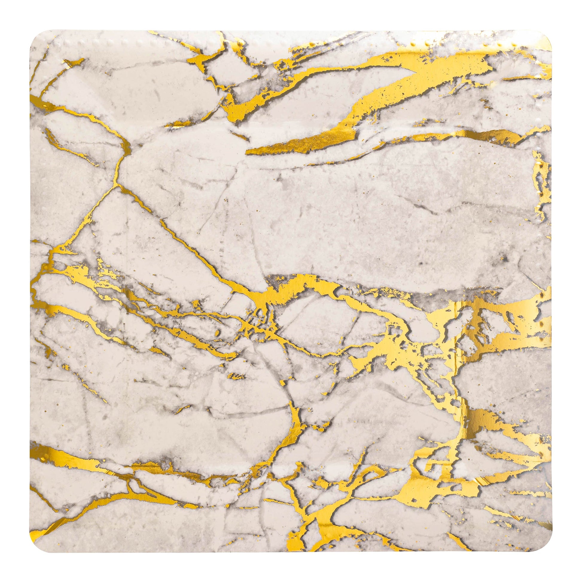 Elegant white disposable charger plates featuring a gold marble pattern, square shape