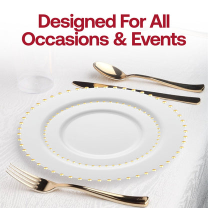 Elegant white disposable salad plates with a gold pearl string border, round plastic design, 7-inch size, 120-count