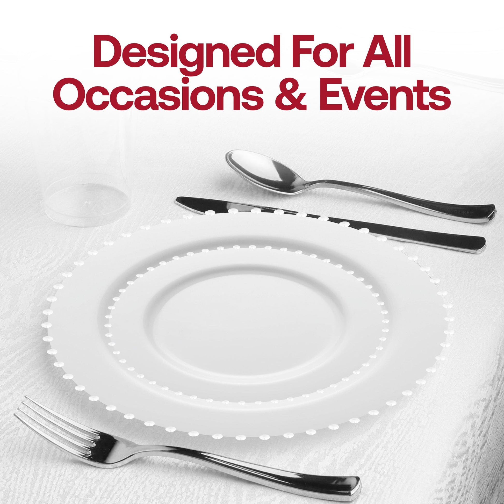 Elegant white disposable salad plates with a pearl string border, round plastic design, 7-inch size, 120-count