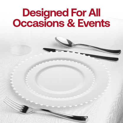 Elegant white disposable salad plates with a pearl string border, round plastic design, 7-inch size, 120-count