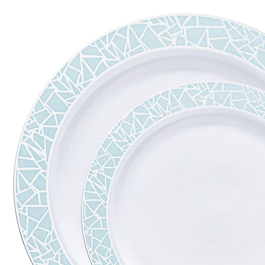 Elevate your dining experience with this elegant White with Turquoise Blue and Silver Mosaic Rim Round Plastic Dinnerware Set, featuring a sophisticated design