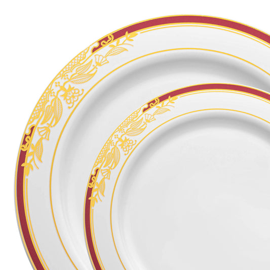 Elevate your dining experience with this elegant white dinnerware set, featuring burgundy and gold harmony rim accents