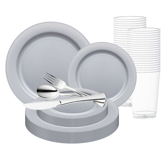 Elevate your event with the Matte Steel Gray Round Disposable Plastic Wedding Value Set, featuring a modern matte finish and elegant silver cutlery for a sleek, sophisticated table setting