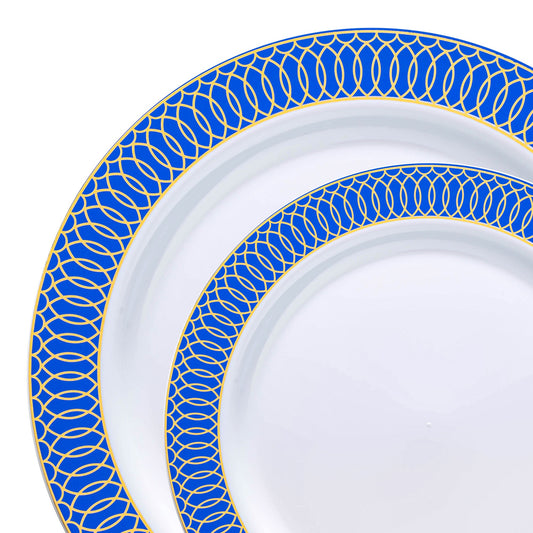 Enhance your dining experience with this elegant White with Gold Spiral on Blue Rim Plastic Dinnerware Set, featuring a sophisticated design