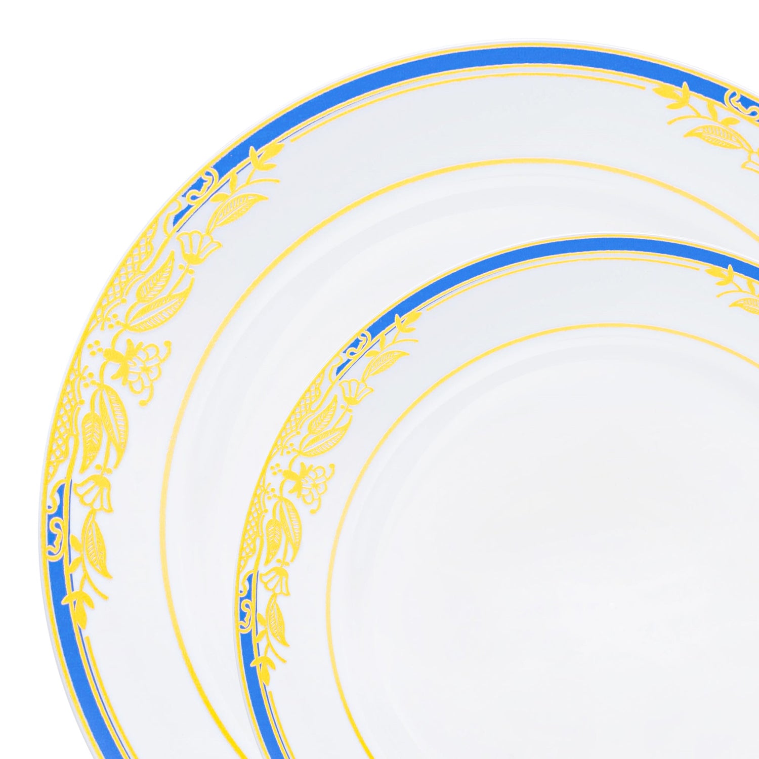 Enhance your table setting with this sophisticated white dinnerware, adorned with blue and gold rim details