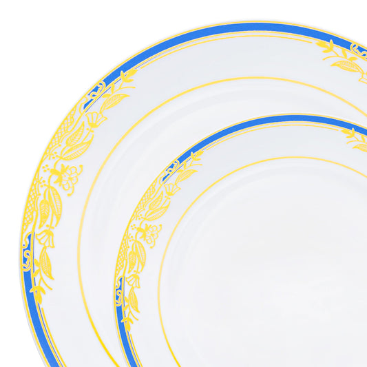Enhance your table setting with this sophisticated white dinnerware, adorned with blue and gold rim details
