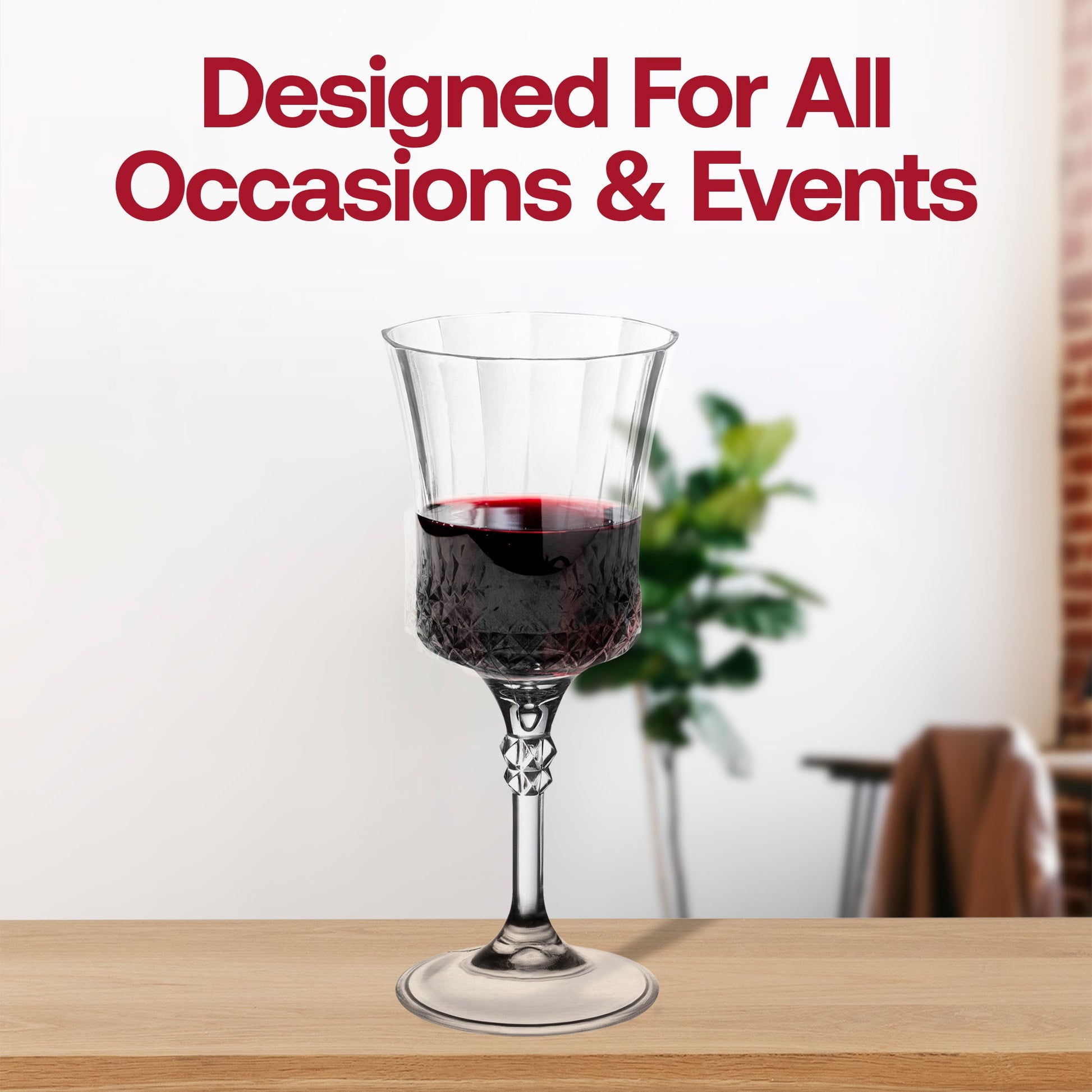 Fancy crystal cut plastic wine goblets with an 11 oz capacity, featuring an intricate design and 48 goblets per pack.