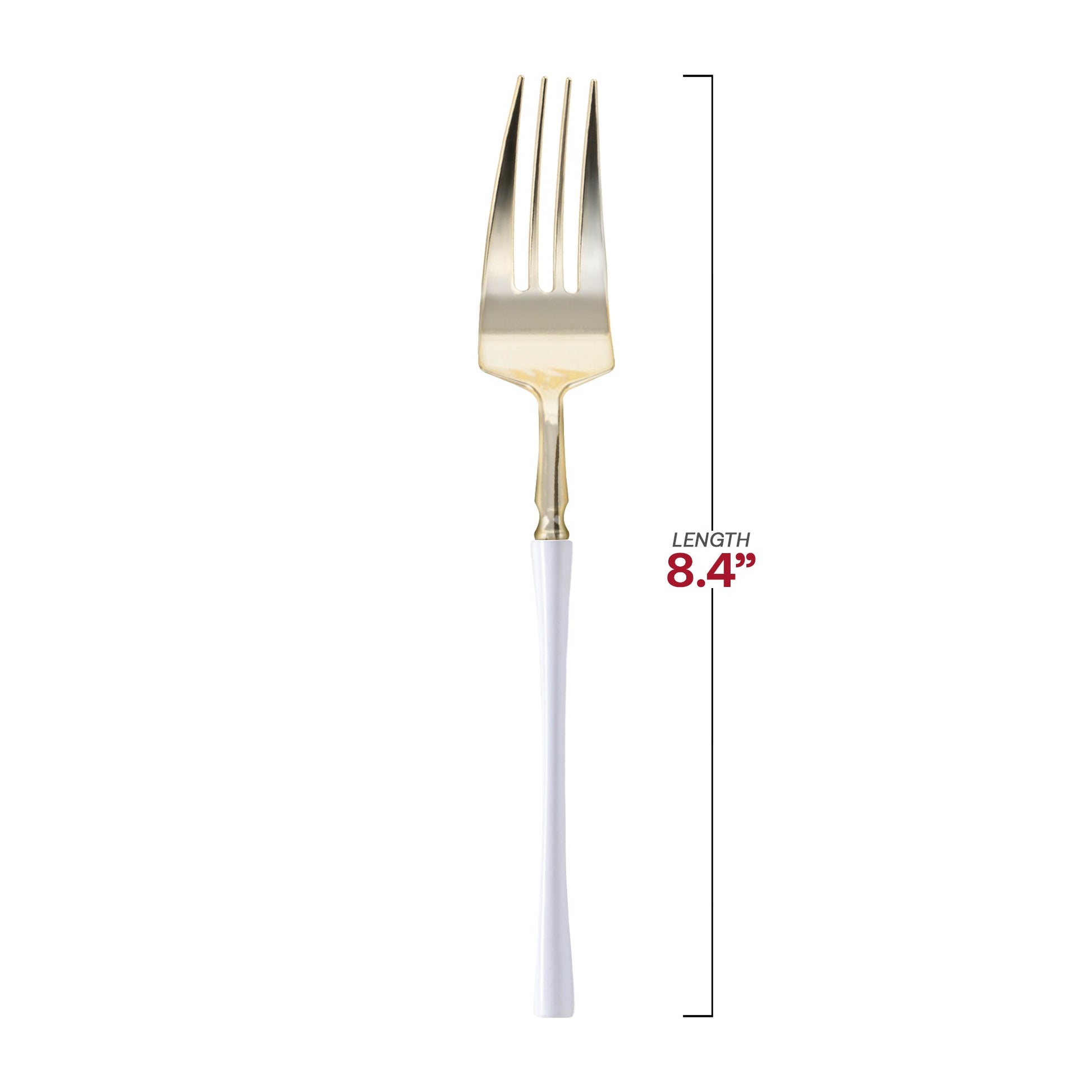 Fancy disposable forks featuring gold prongs and contemporary white handles, each measuring 8.4", in a bulk pack