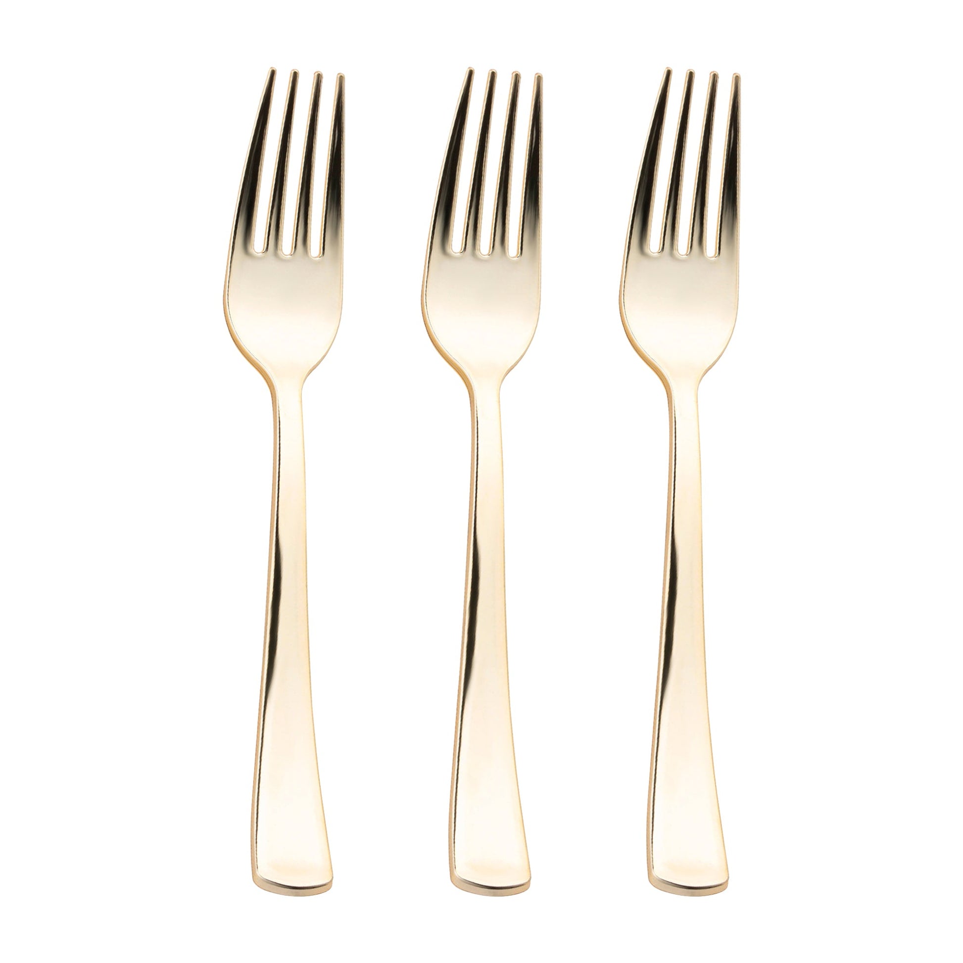 Fancy shiny metallic gold plastic spoons, 6.25 inches, with a sleek, luxurious look, perfect for upscale dining and celebrations.