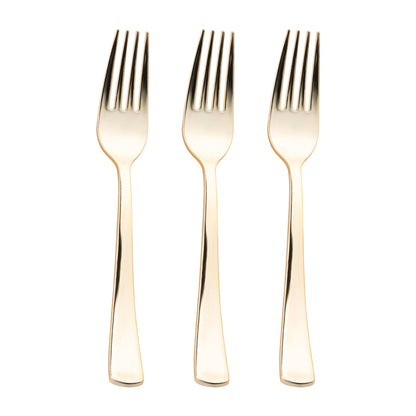 Fancy shiny metallic gold plastic spoons, 6.25 inches, with a sleek, luxurious look, perfect for upscale dining and celebrations.