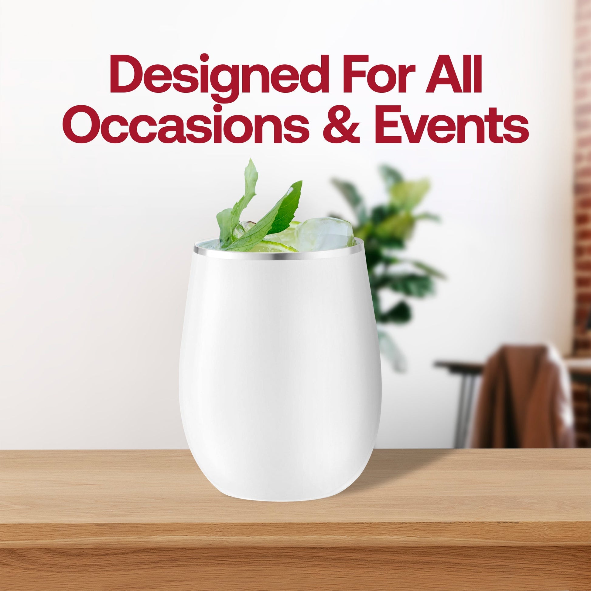 Fancy white stemless plastic wine glasses with silver trim, 12 oz, adding sophistication to upscale celebrations and dinners
