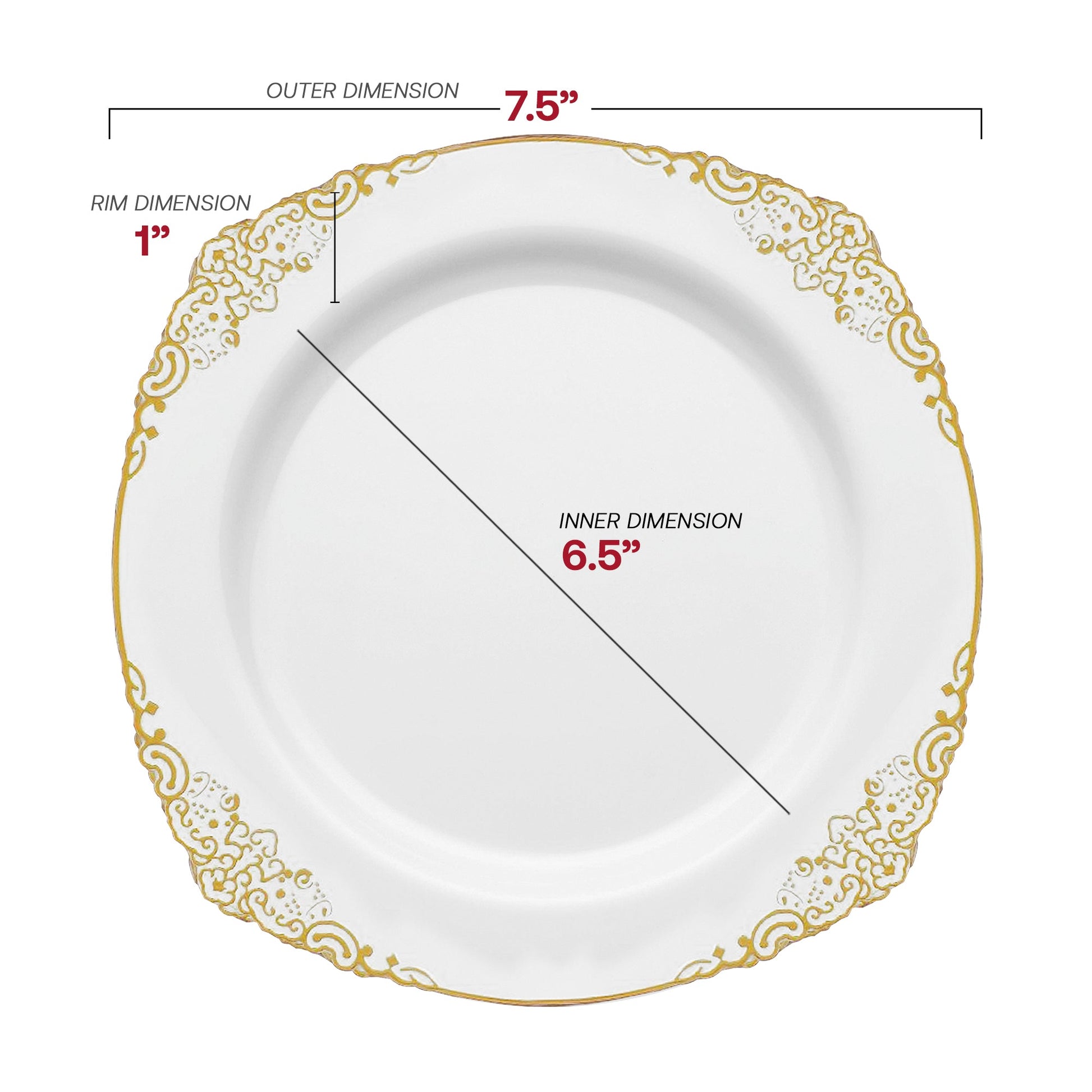 Features 7.5" round white appetizer plates with elegant gold rims for refined starters at stylish celebrations